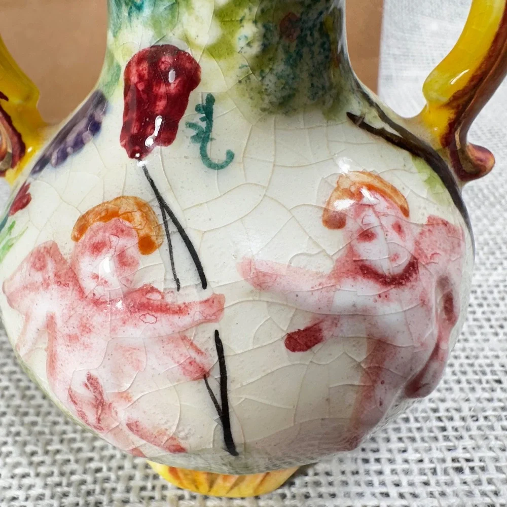 Vintage Japan Cherub Vase Crackle Glaze Double Handle Putti‎ Cottage Decor 4.5